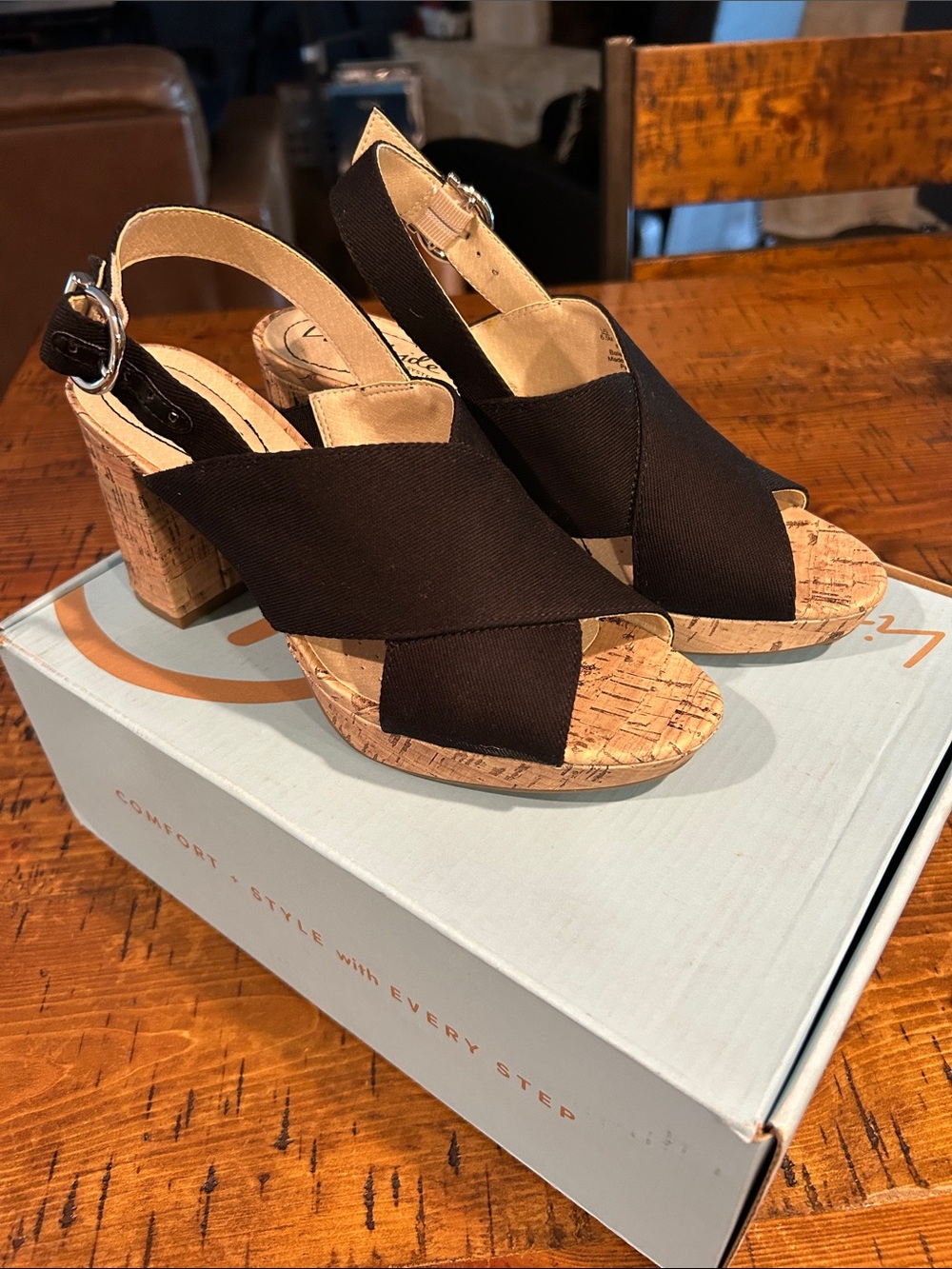 Life Stride Black Cork Platform Slingback Heels